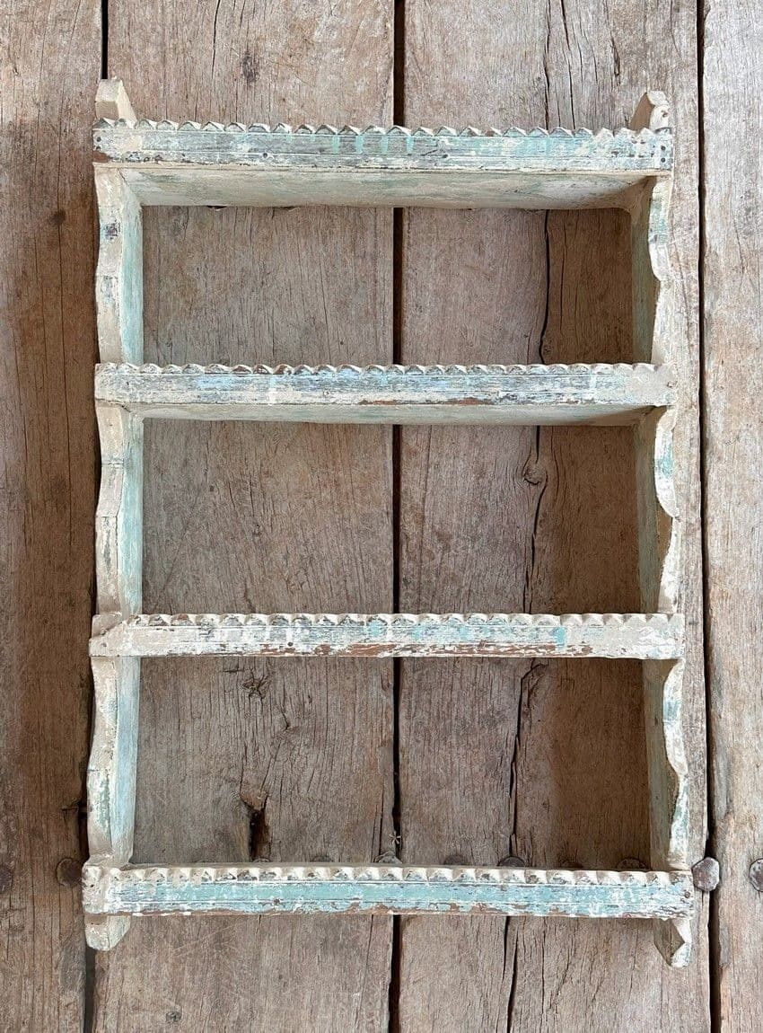 Vintage Shelf In Teak With Faded Paint Tones