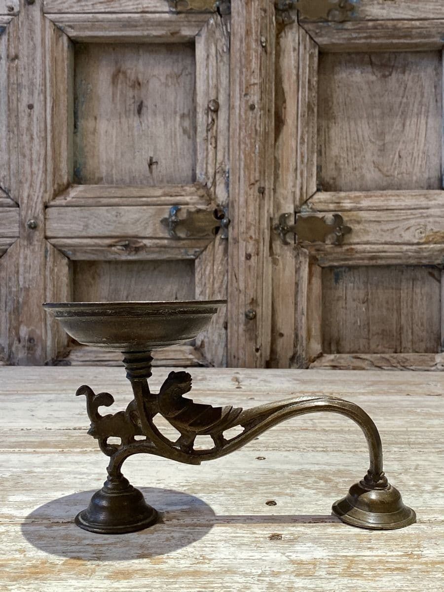 Bronze Temple Oil Lamp With Peacock Decoration, South India, Circa 1900