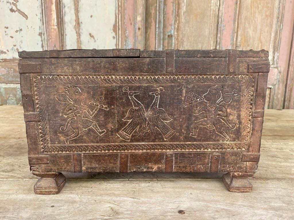 19th Century Dowry Box With Carvings Of Peacocks & Hanuman The Monkey God photo for sale