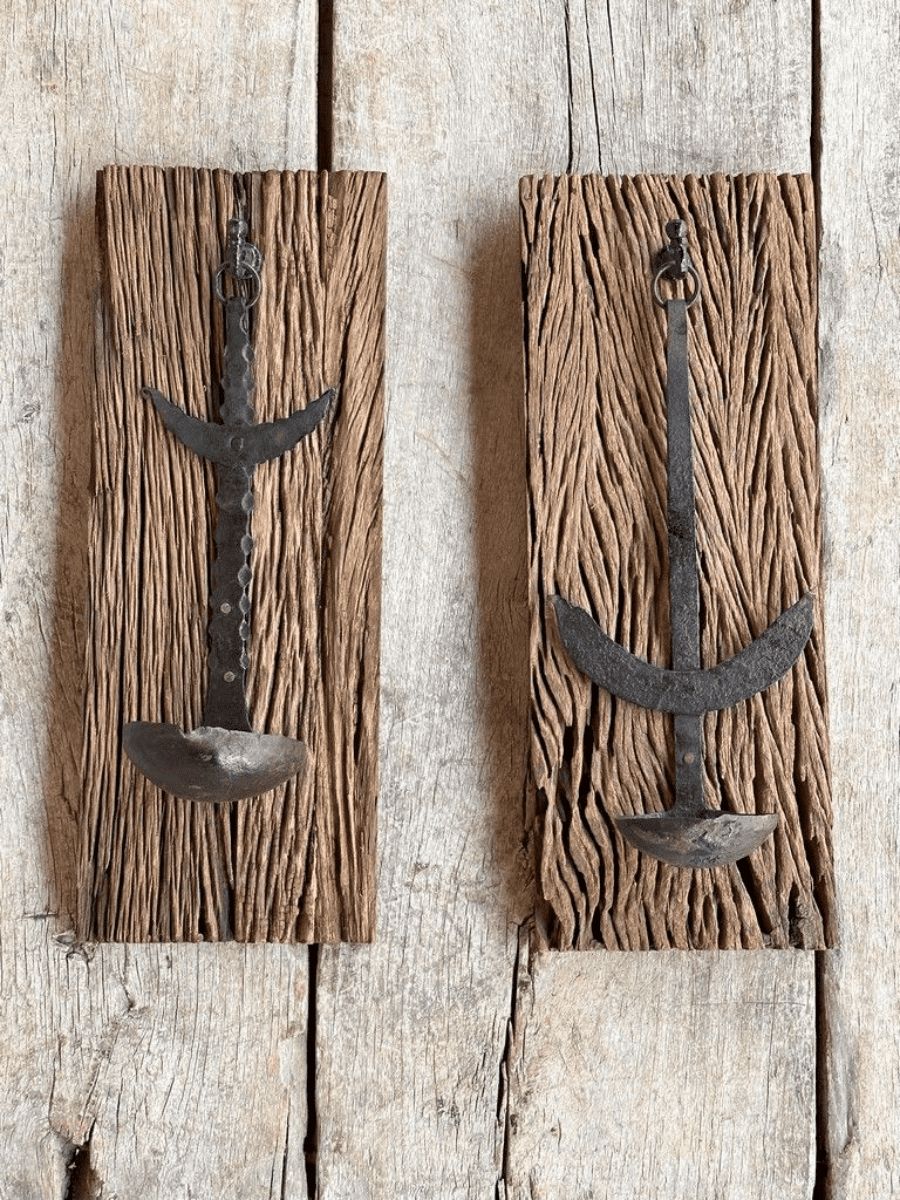 Pair Of Iron Wall Candle Holder Mounted On Vintage Teak