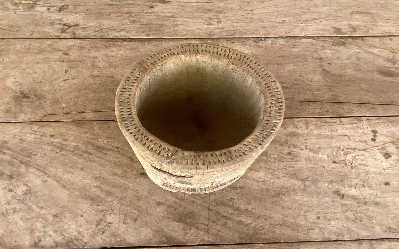 Antique Tribal Bleached Wood Mortar Pot, Jaisalmer photo furniture