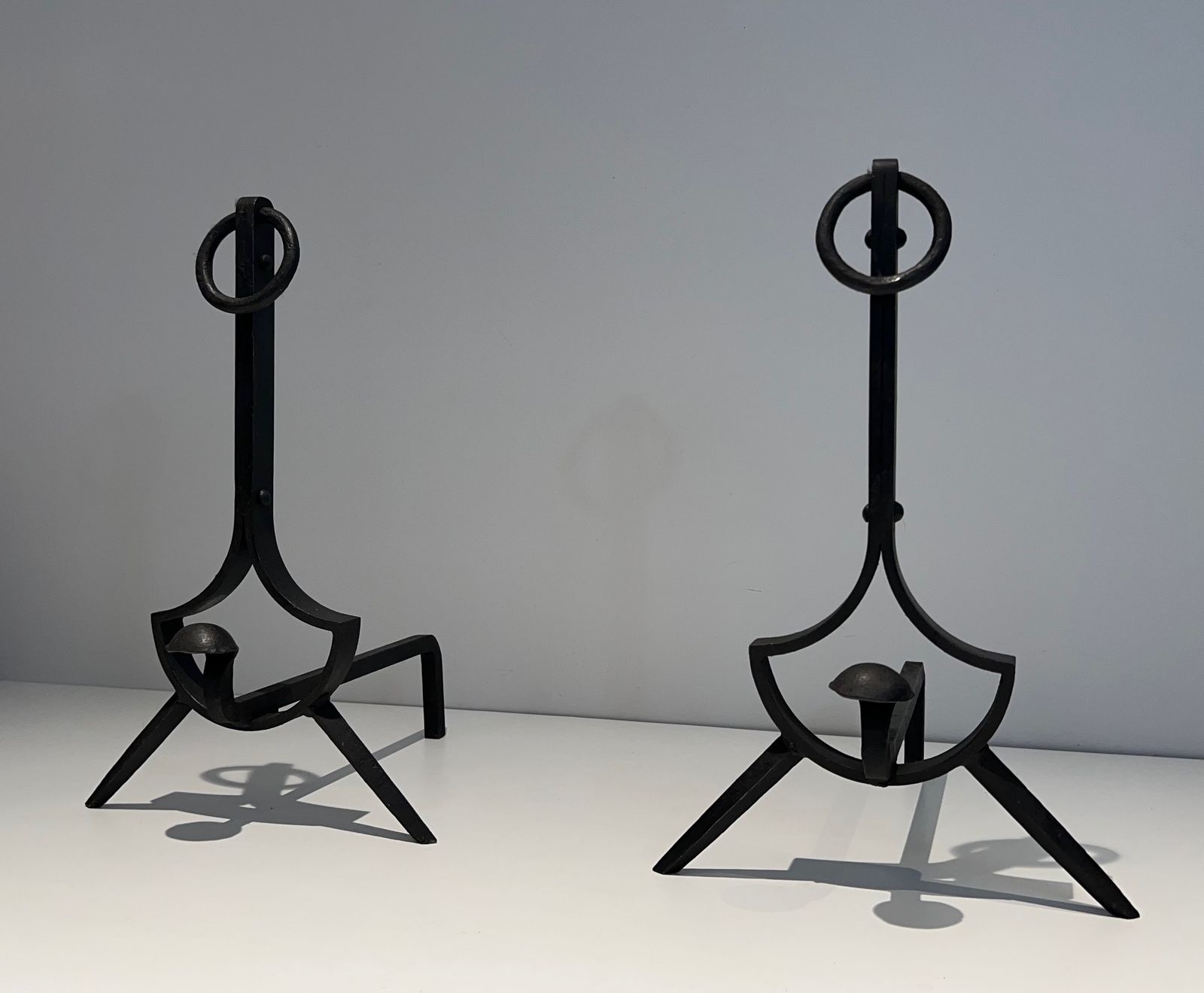Pair Of Modernist Wrought Iron Andirons photo Home Fixtures