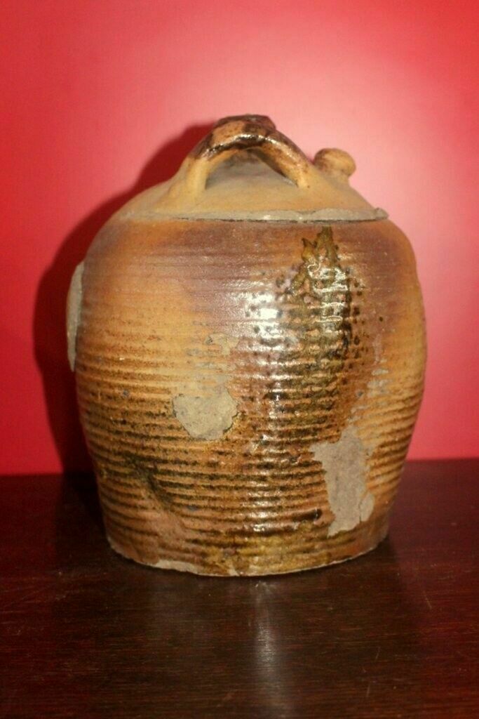 Tactile 19thc Antique French Hand Turned Clay Stoneware Twin Handled Oil Pot photo for sale