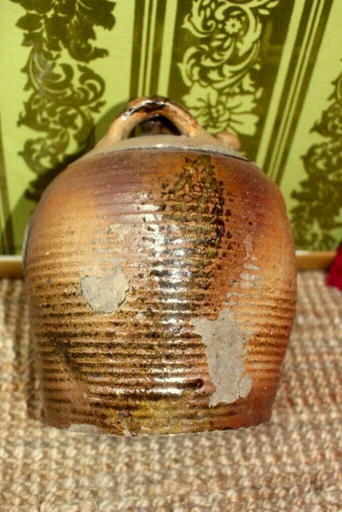 photo furniture Tactile 19thc Antique French Hand Turned Clay Stoneware Twin Handled Oil Pot