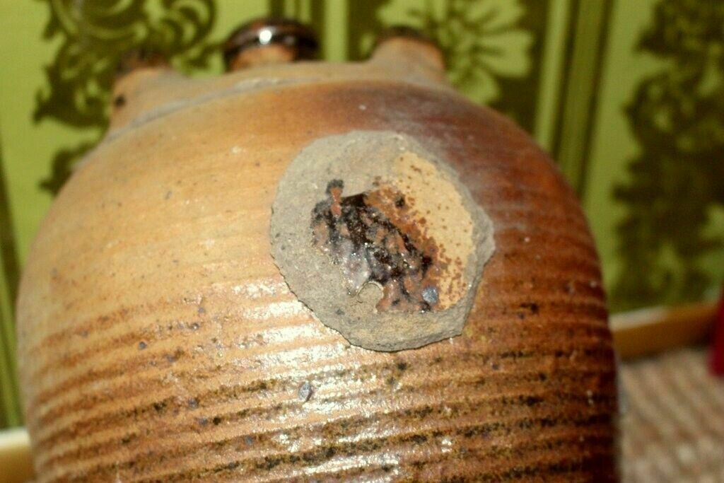 photo for sale Tactile 19thc Antique French Hand Turned Clay Stoneware Twin Handled Oil Pot