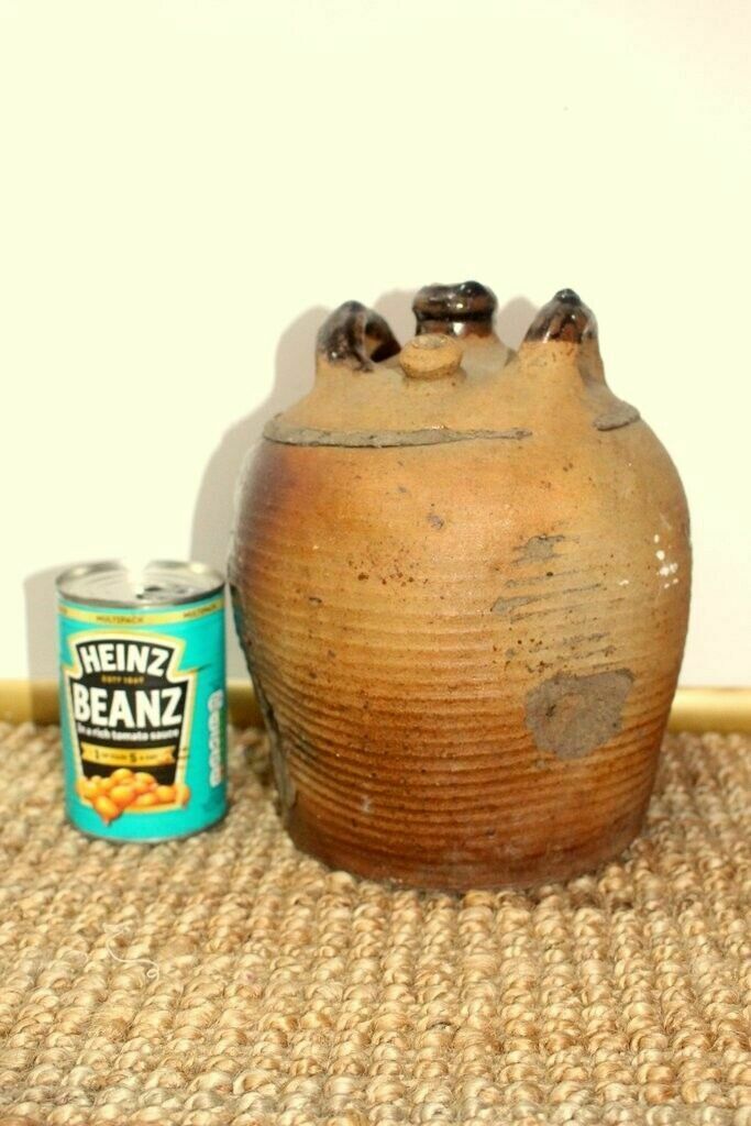 photo buy Tactile 19thc Antique French Hand Turned Clay Stoneware Twin Handled Oil Pot