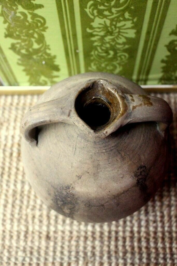 Tactile 19thc Antique French Hand Turned Clay Stoneware Twinhandled Oil Pot photo vinterior