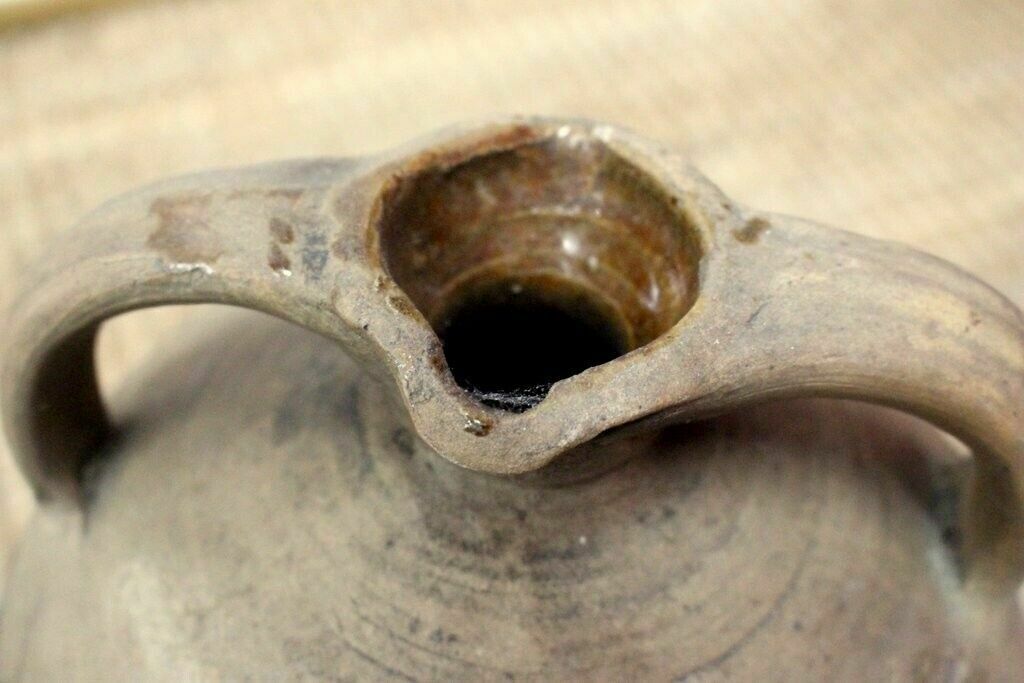 photo furniture Tactile 19thc Antique French Hand Turned Clay Stoneware Twinhandled Oil Pot