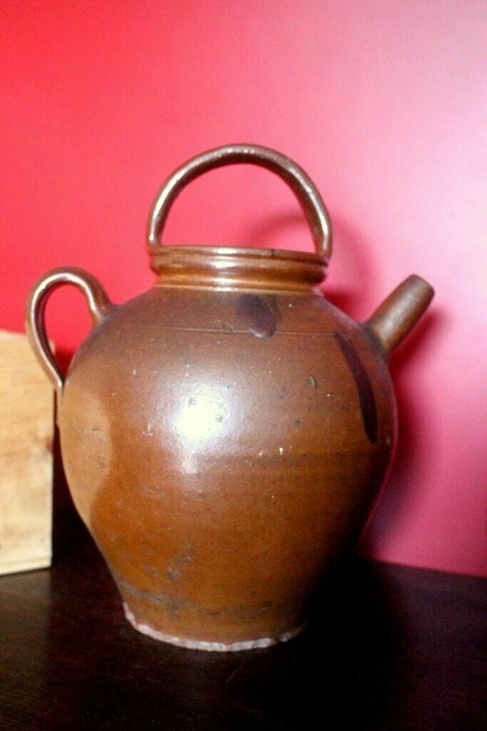 19thc Antique French Hand Turned Clay Stoneware 2 Handle Oil Pot photo for sale