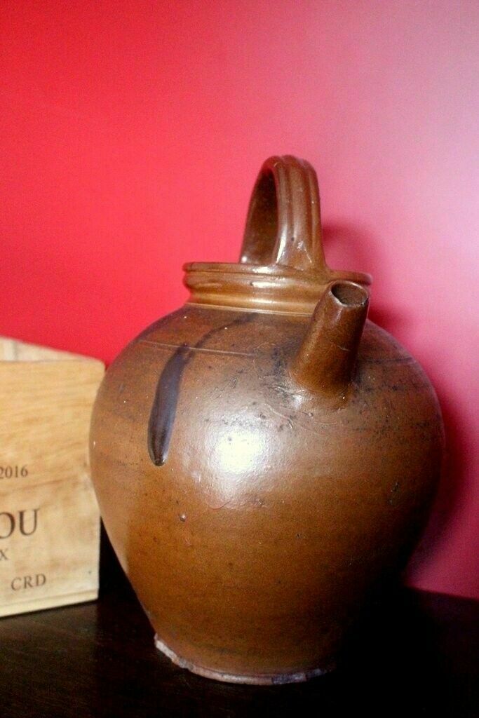 19thc Antique French Hand Turned Clay Stoneware 2 Handle Oil Pot photo Home Decor
