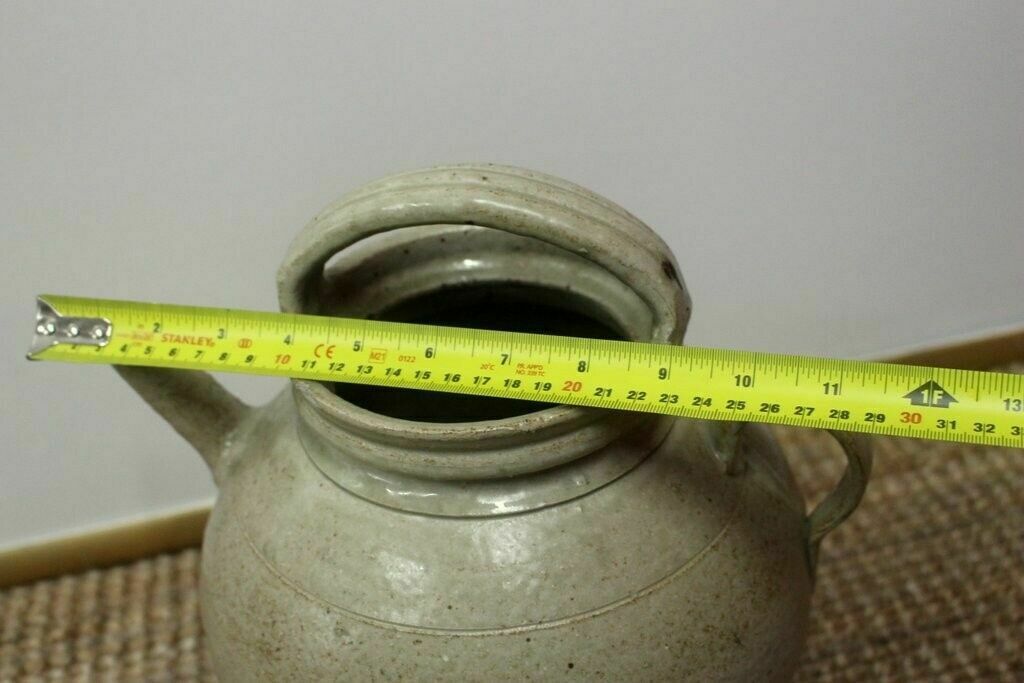photo vinterior 19thc Cream Antique French Hand Turned Clay Stoneware 2 Handle Oil Pot