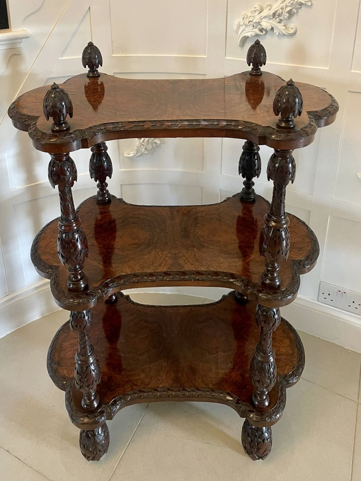 photo buy Rare Irish Antique 19th Century Exhibition Quality Freestanding Burr Walnut Carved Whatnot
