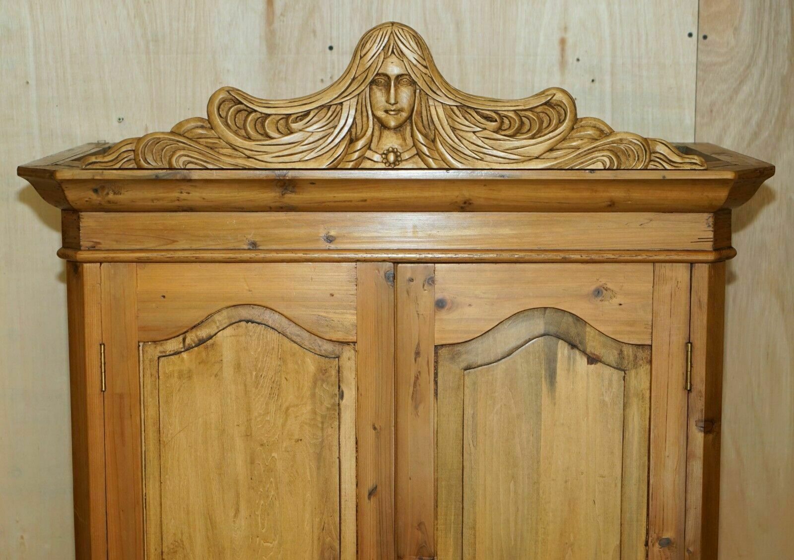 Exquisite Vintage Hand Carved Art Nouveau Pine Wardrobe Nude Nymphs Inside photo for sale