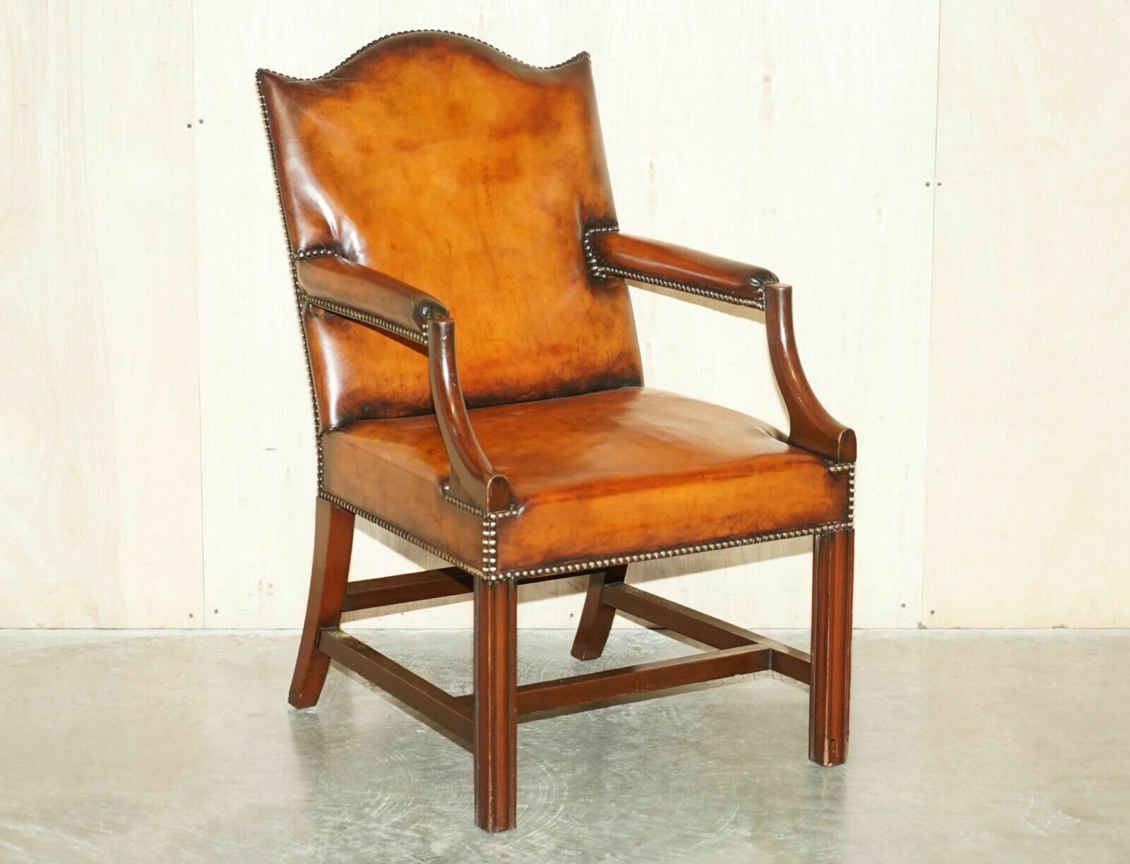 Antique Restored Gainsborough Hand Dyed Whisky Brown Leather Office Desk Chair