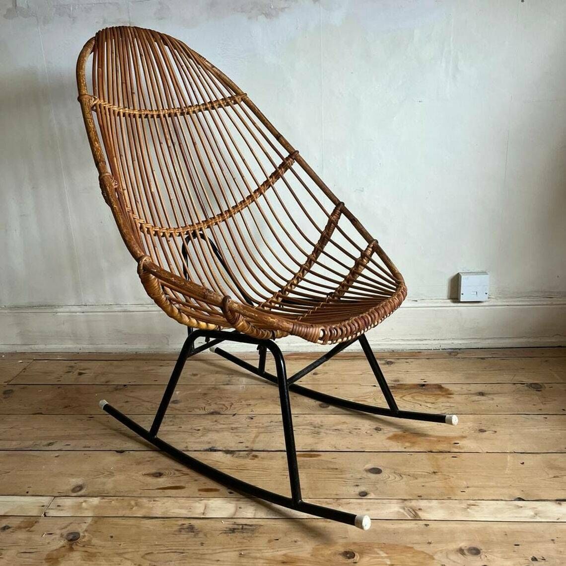 Italian Bamboo High Backed Rocking Chair With Black Frame
