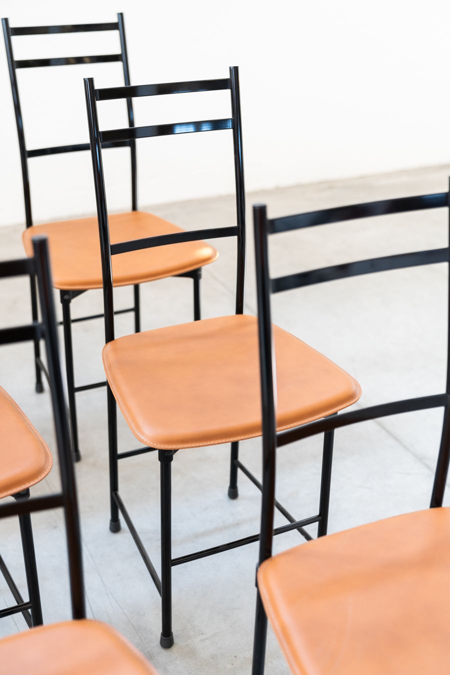 photo for sale Brown Leather & Aluminum Dining Chairs From Ycami, 1980s, Set Of 6