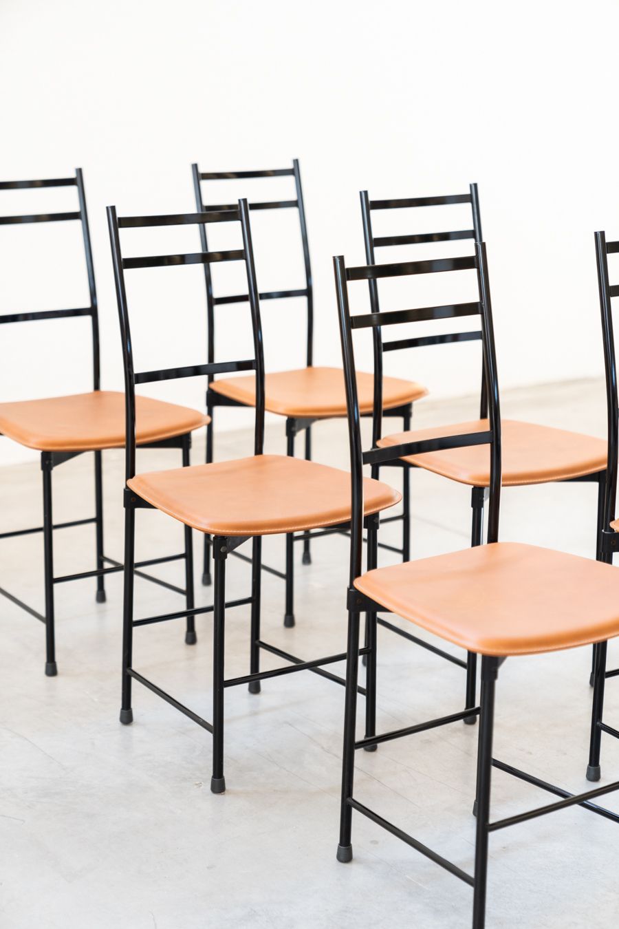 photo vinterior Brown Leather & Aluminum Dining Chairs From Ycami, 1980s, Set Of 6