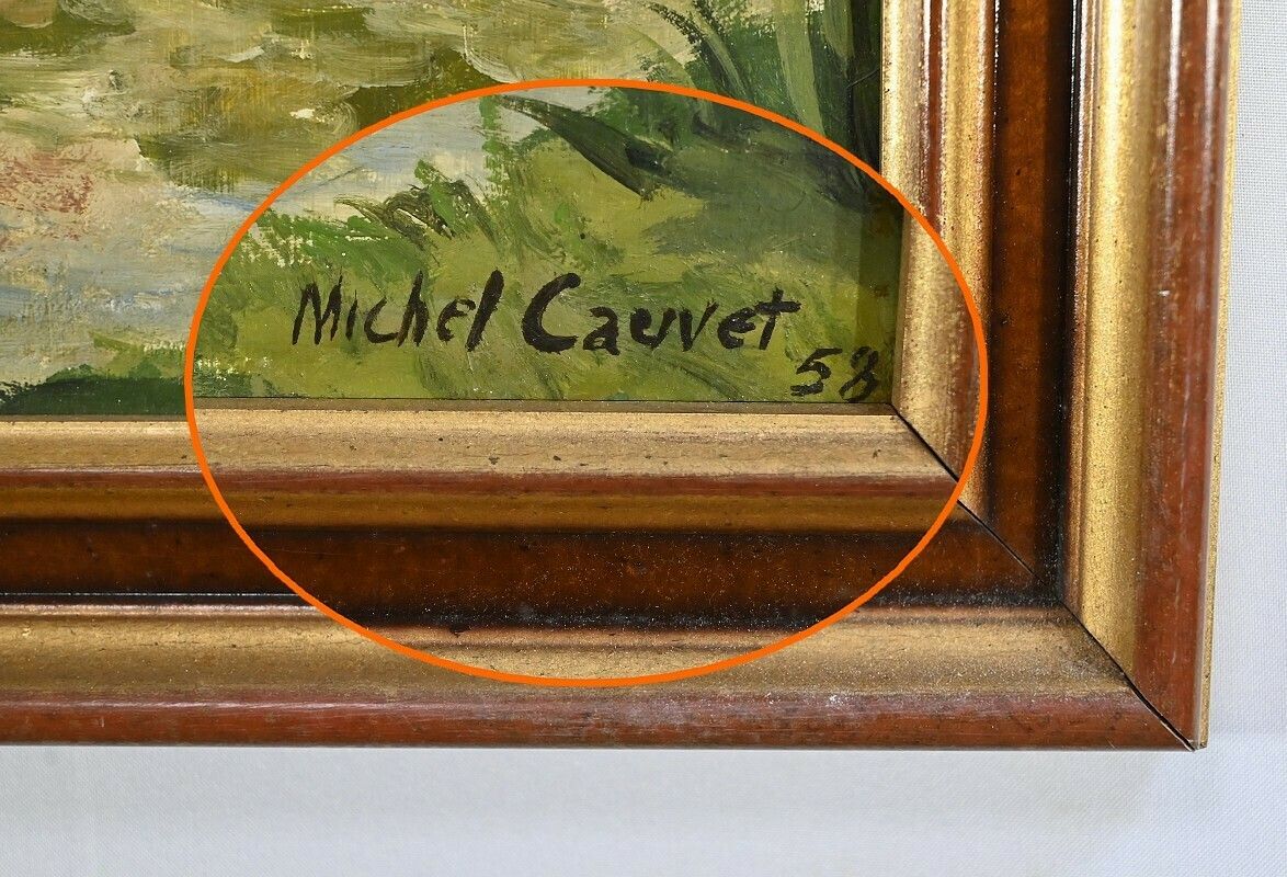 743.66 Oil Painting On Wood, Signed M.Cauvet – 1958 photo