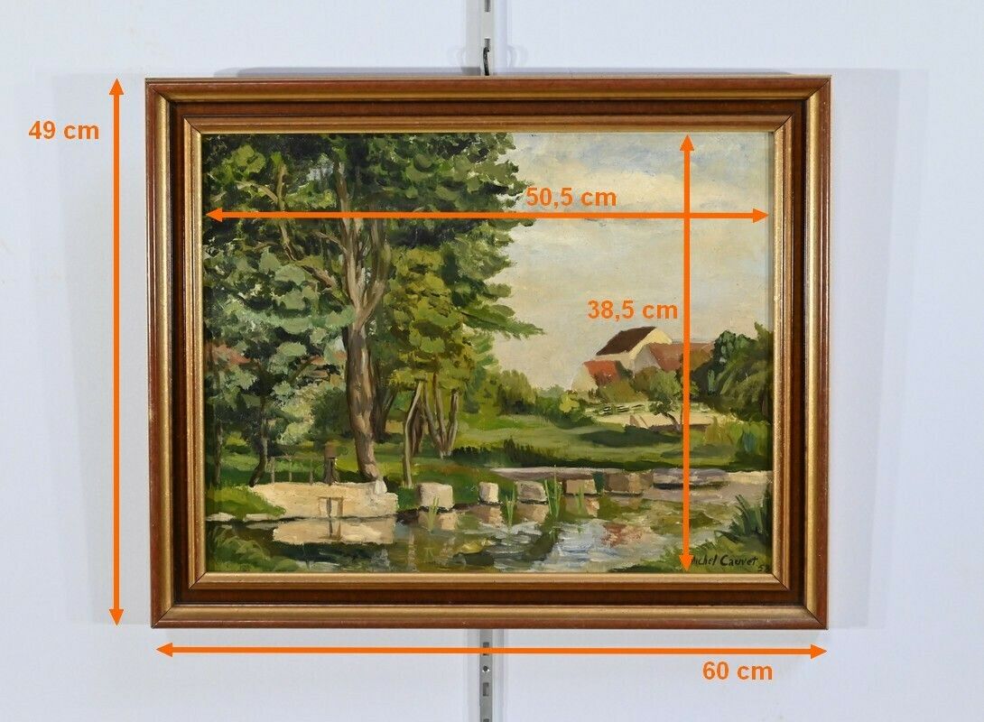 photo vinterior Oil Painting On Wood, Signed M.Cauvet – 1958