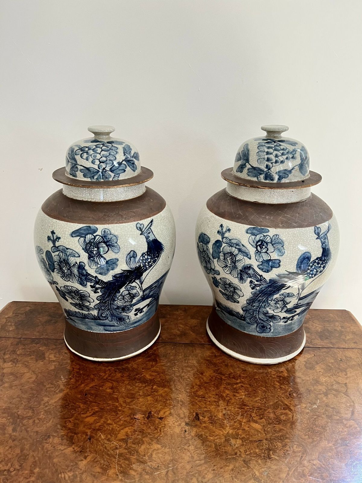 Home Decor Quality Pair Of Antique Chinese Crackle Ware Lidded Vases photo