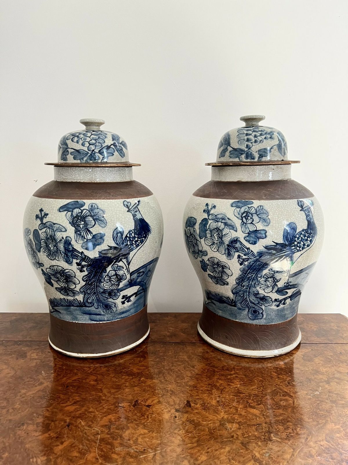 Quality Pair Of Antique Chinese Crackle Ware Lidded Vases