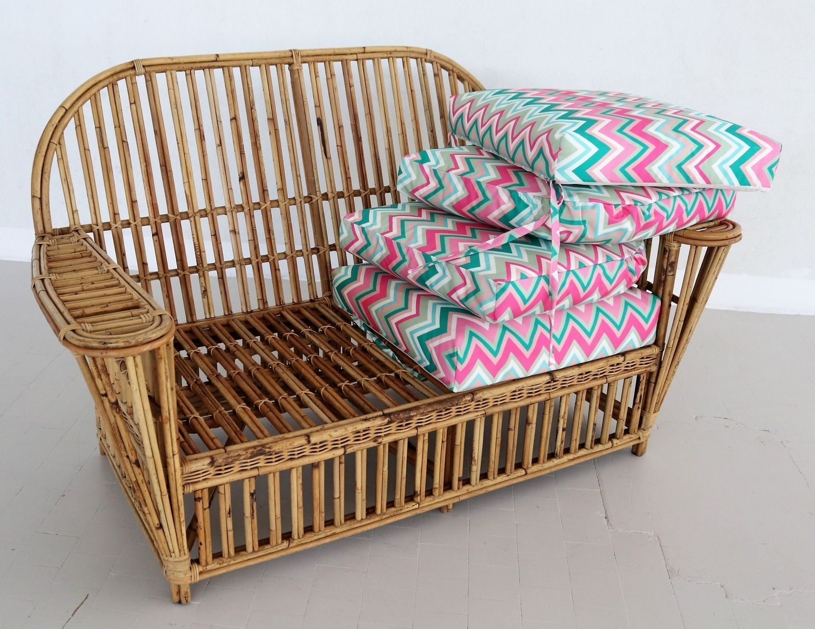 photo furniture Italian Mid Century Bamboo And Rattan Sofa With New Upholstery, 1980s