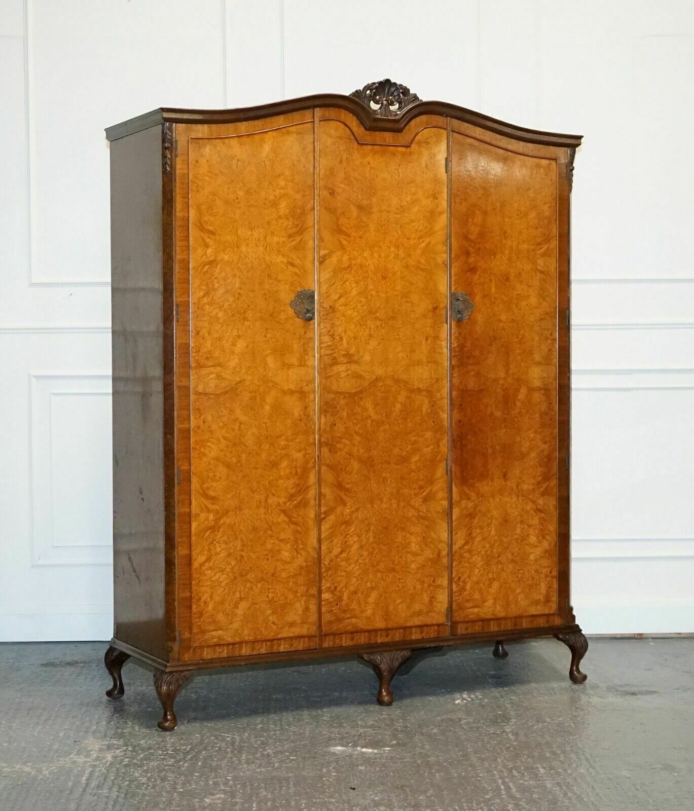 Antique Distressed Burr Walnut Triple Wardrobe With Queen Anne Legs photo furniture