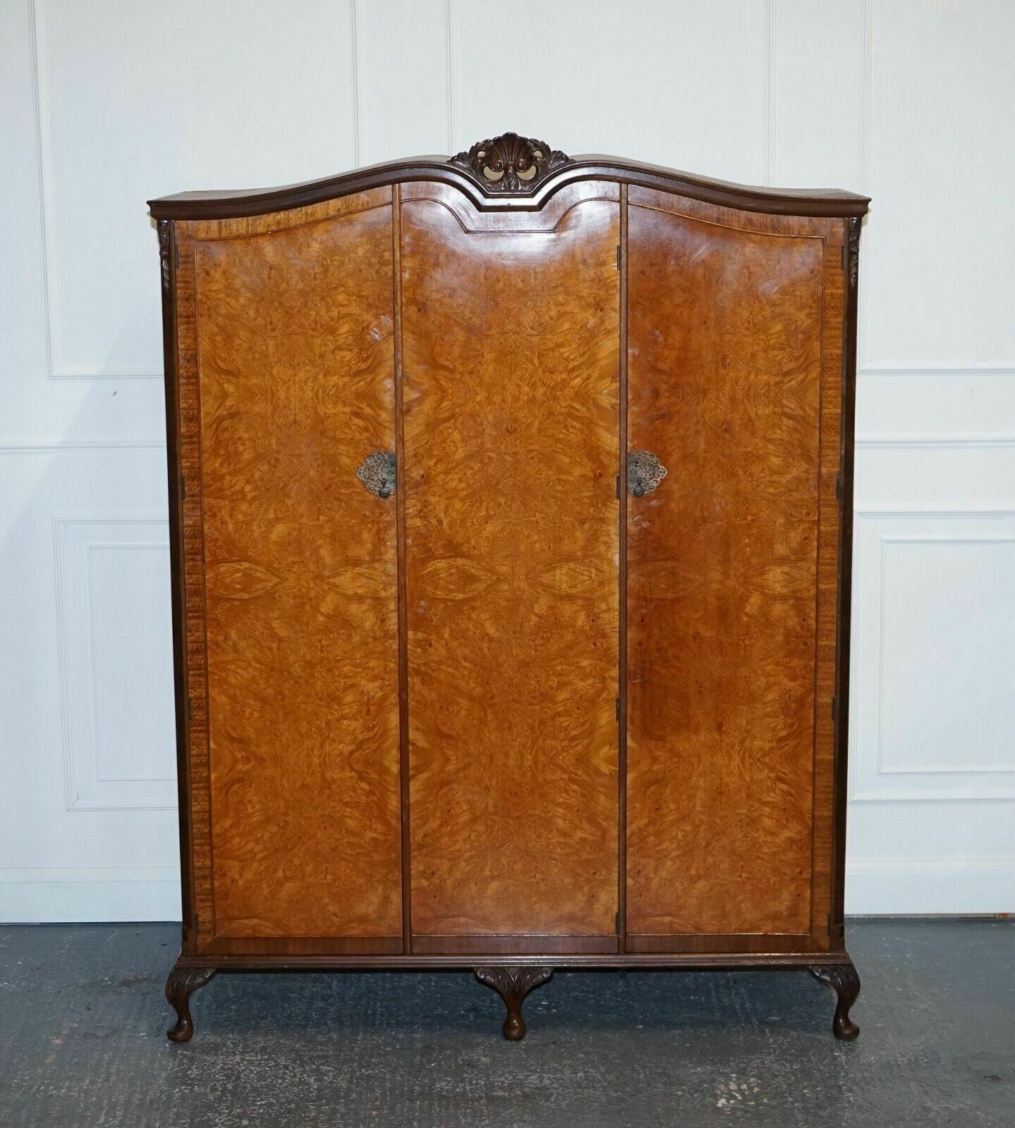 Antique Distressed Burr Walnut Triple Wardrobe With Queen Anne Legs photo Furniture