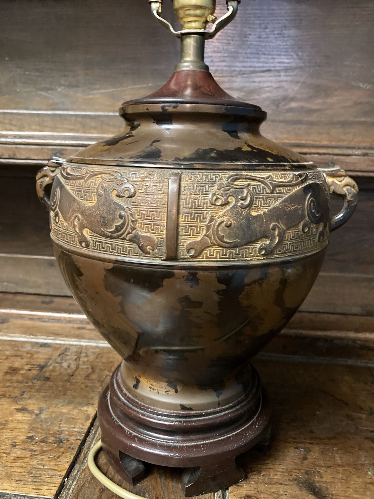 Vintage Bronzed Chinese Dragon Vase Lamp On Wood Stand photo vinterior
