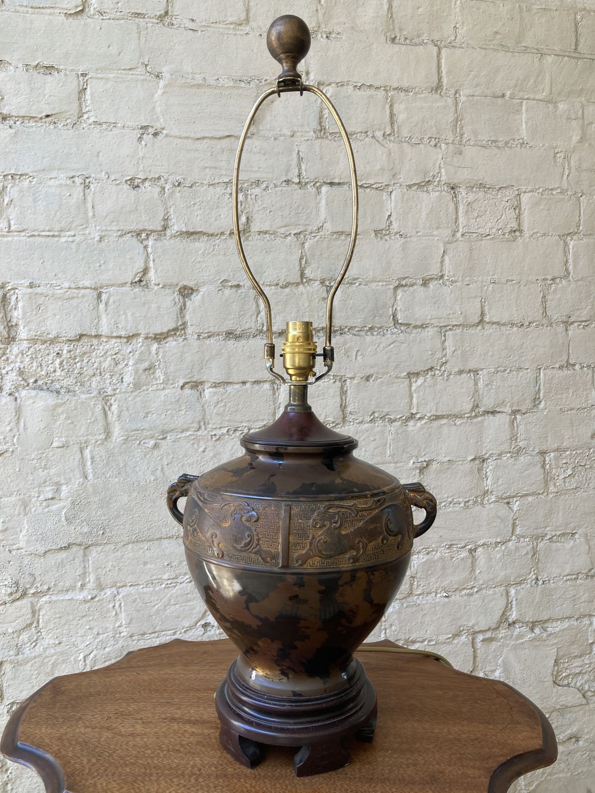 325.0 Vintage Bronzed Chinese Dragon Vase Lamp On Wood Stand photo