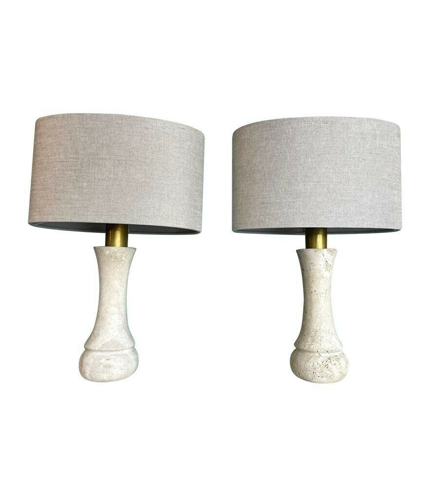A Pair Of 1970s Travertine And Brass Lamps By Fratelli Mannelli With Bespoke Linen Shades photo vinterior