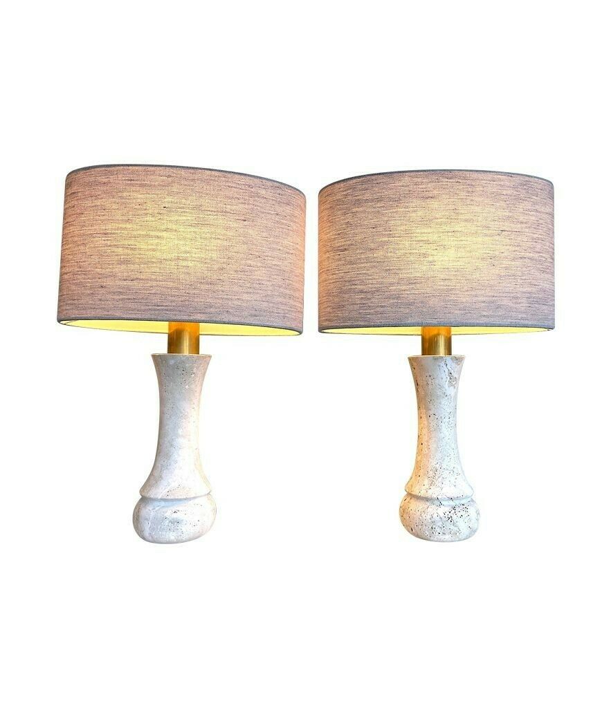 A Pair Of 1970s Travertine And Brass Lamps By Fratelli Mannelli With Bespoke Linen Shades photo vintage