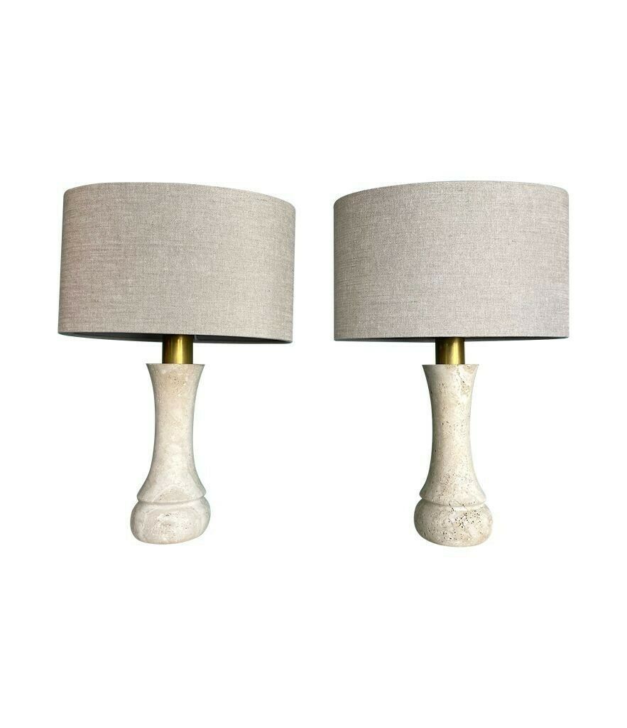 photo for sale A Pair Of 1970s Travertine And Brass Lamps By Fratelli Mannelli With Bespoke Linen Shades