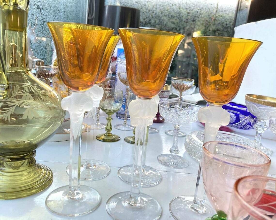 Crystal Wine Glasses | Yellow Goblets | 6pcs| Frosted Rams Heads | Very Rare Lalique Style photo for sale