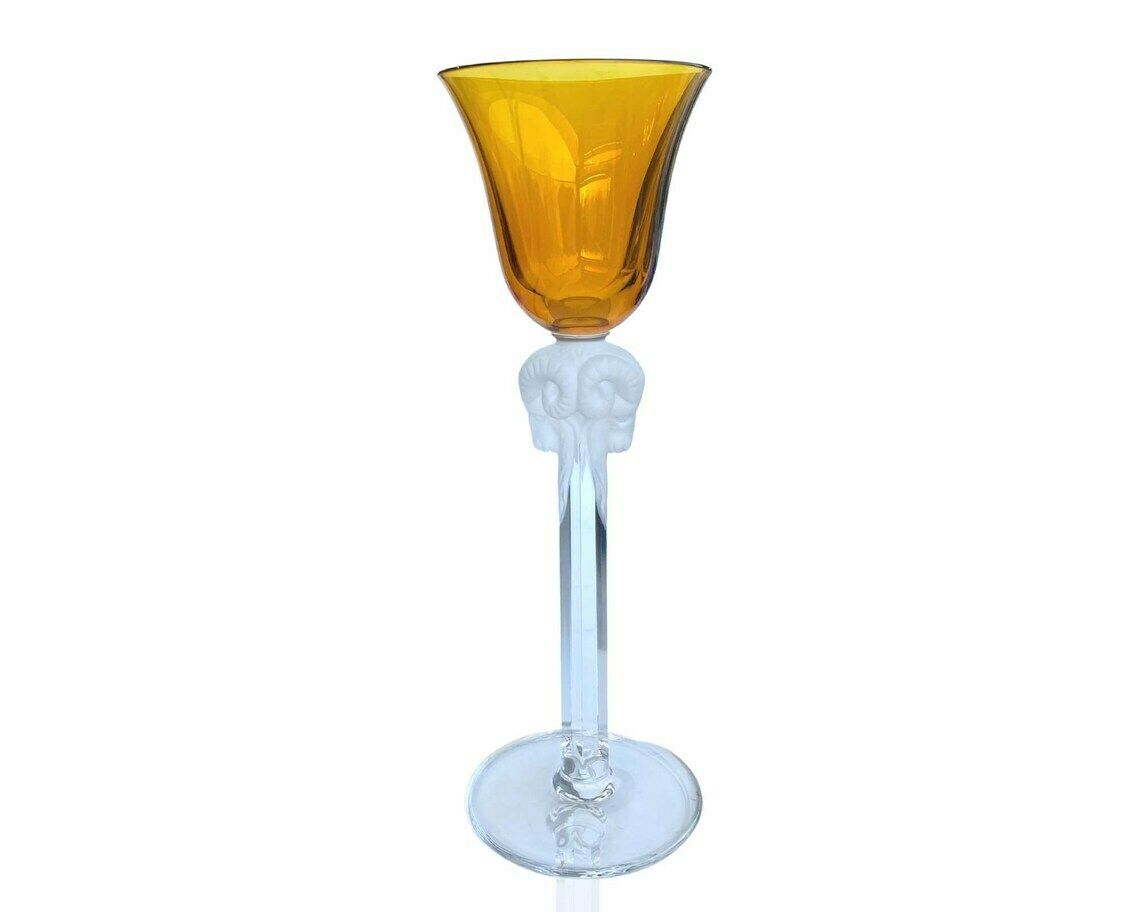 Crystal Wine Glasses | Yellow Goblets | 6pcs| Frosted Rams Heads | Very Rare Lalique Style photo vinterior