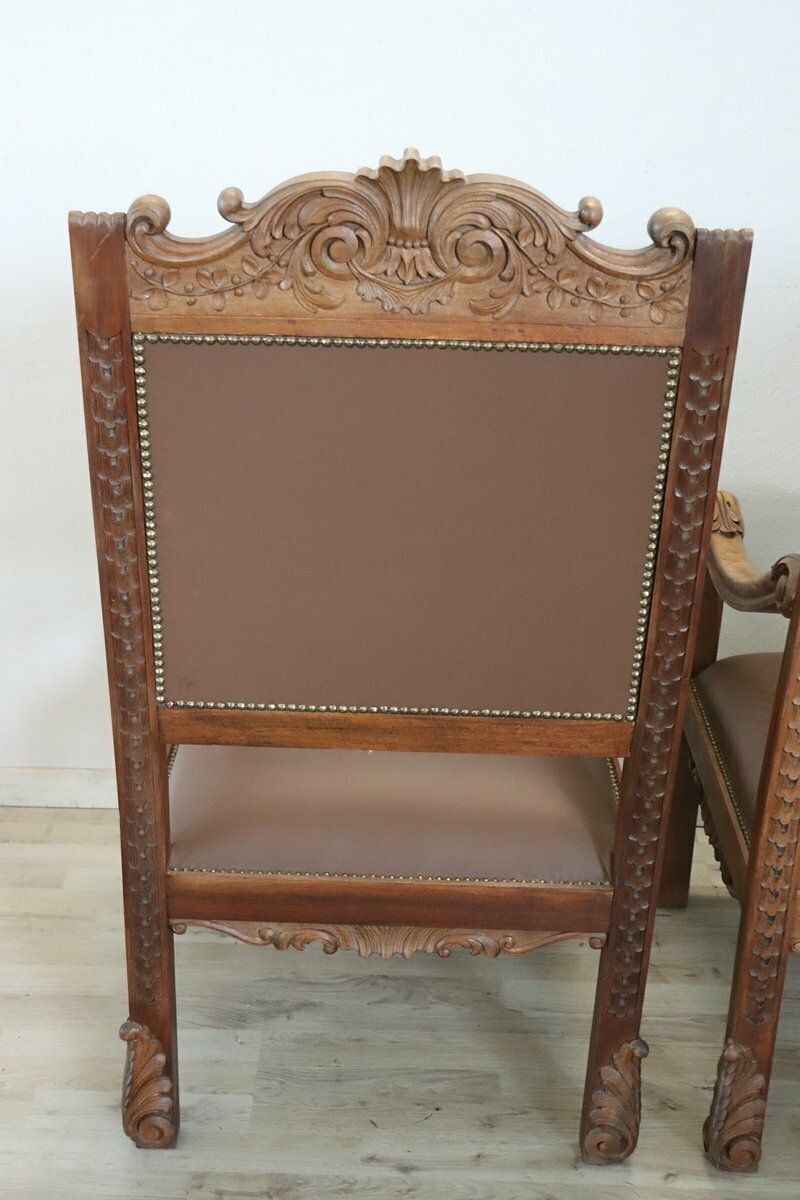 Late 19th Century Carved Walnut Throne Chairs, Set Of 2 photo vintage