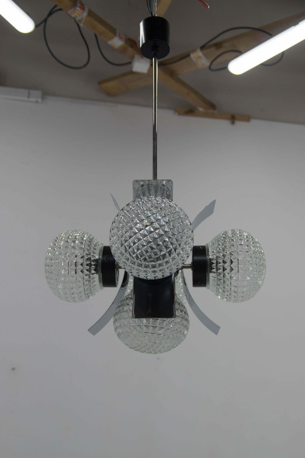 Mid Century Chrome & Glass Chandelier, Czechoslovakia, 1970s photo furniture
