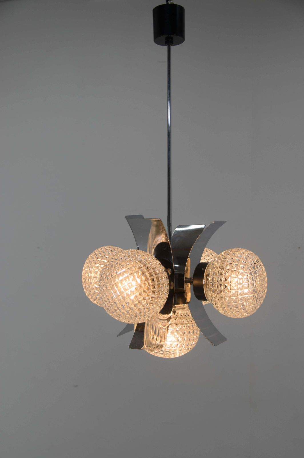 Mid Century Chrome & Glass Chandelier, Czechoslovakia, 1970s photo buy