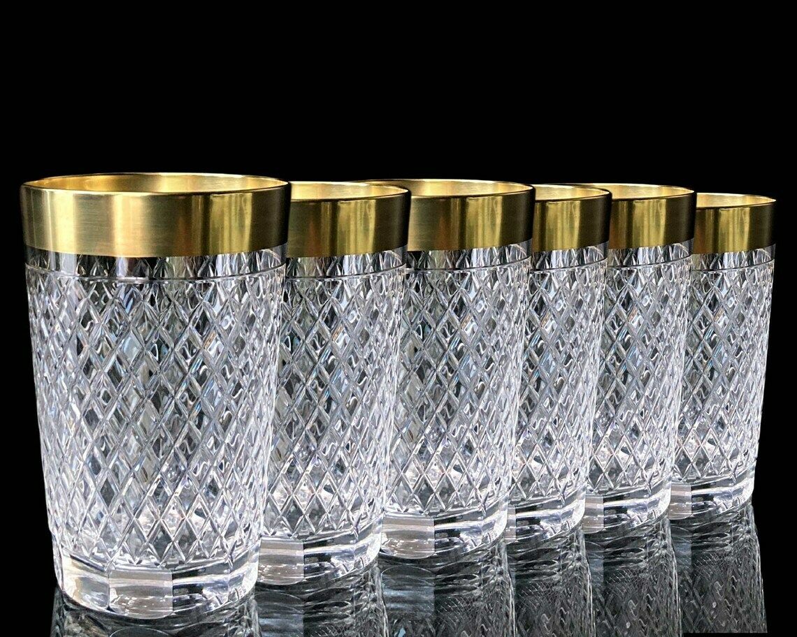 Crystal Water Glasses | Cocktail Glasses | 6pcs| Tumblers With 24k Gold Trim | Rheinkristall| 1950s