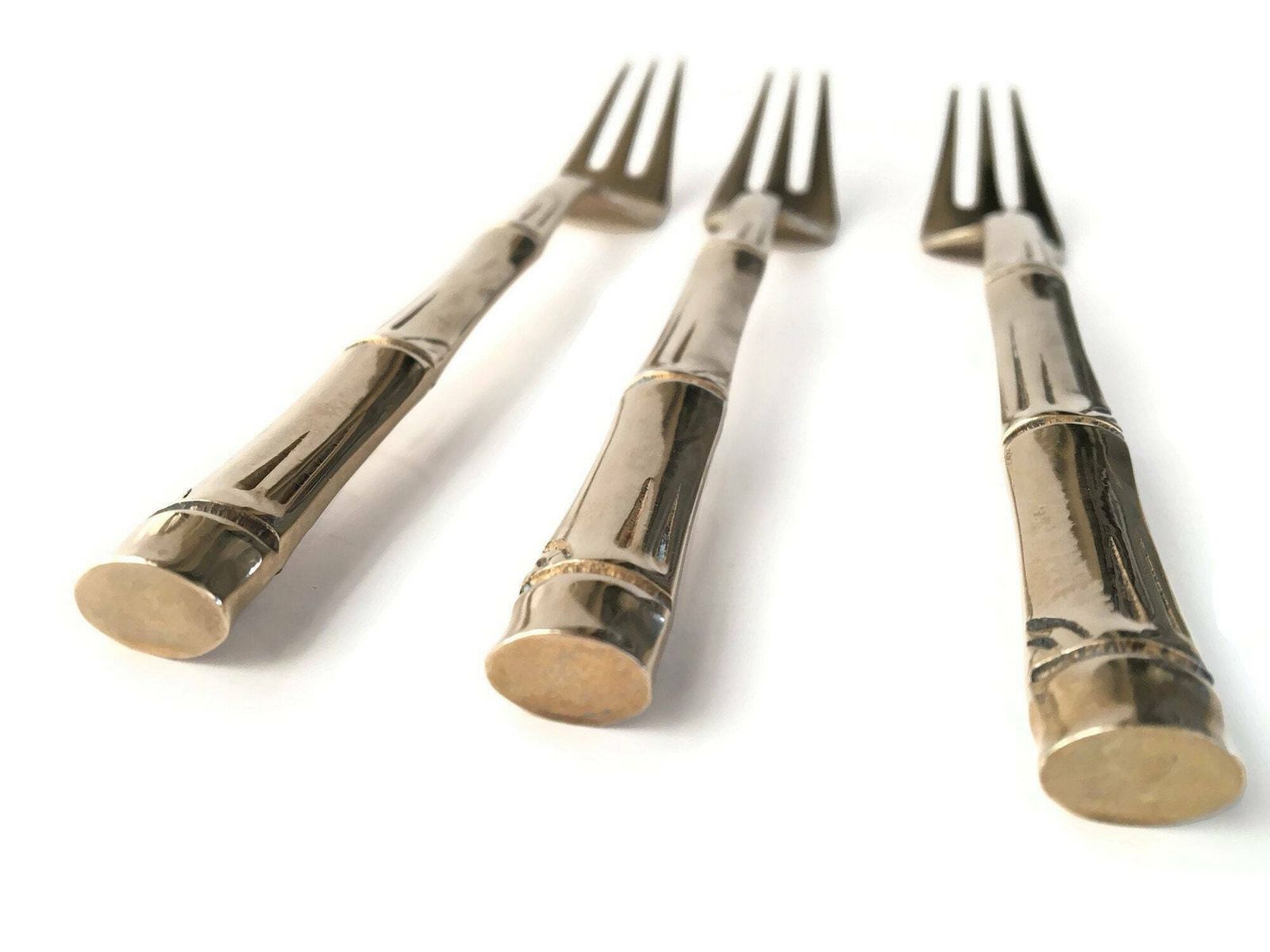 12x Messing Taartvorken Bamboe | Gepolijst | Vintage Bestek | Handgemaakt photo for sale