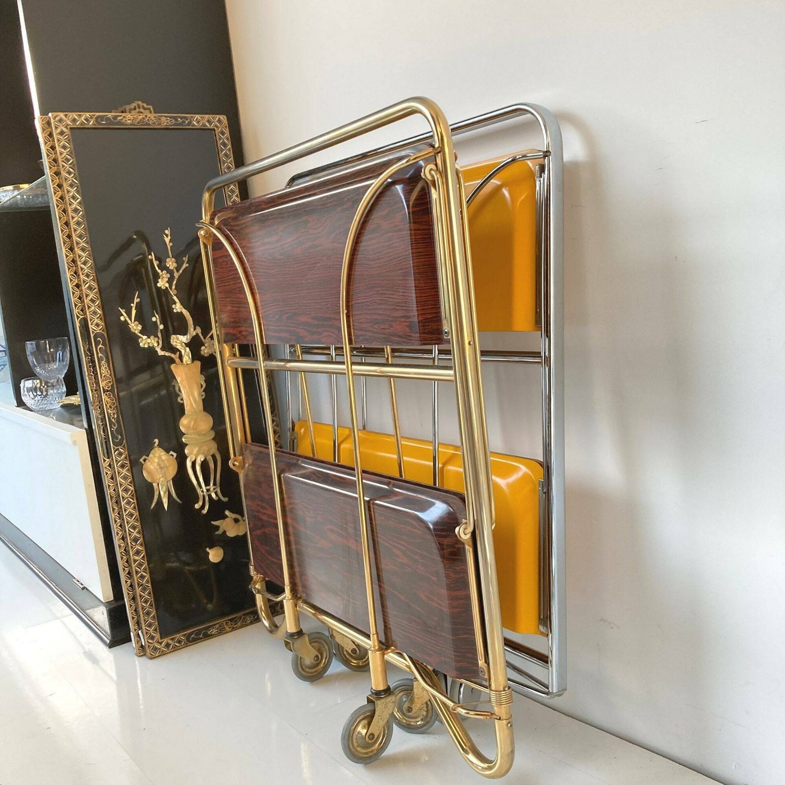 Chrome Bar Cart Foldable | Bremshey Dinett | Side Table In Dark Brown | Original 60s Design photo vinterior