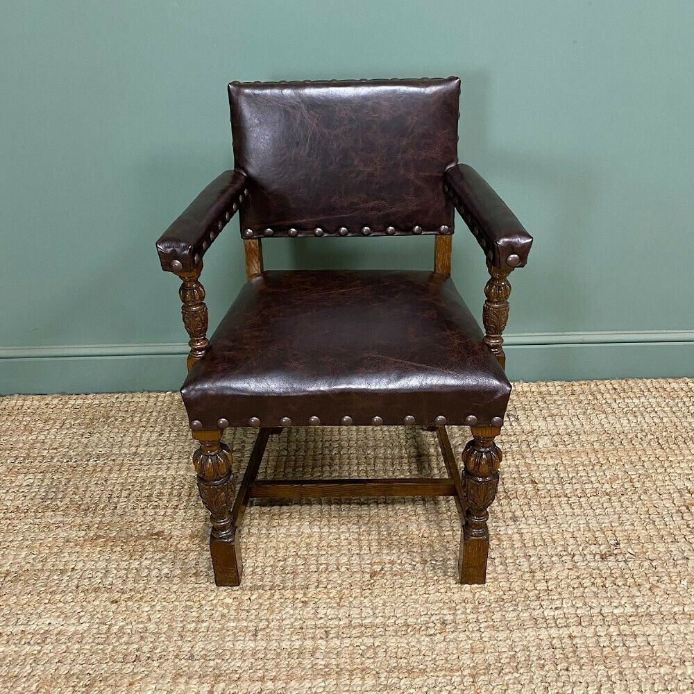 Quality Antique Oak & Leather Desk Chair / Arm Chair