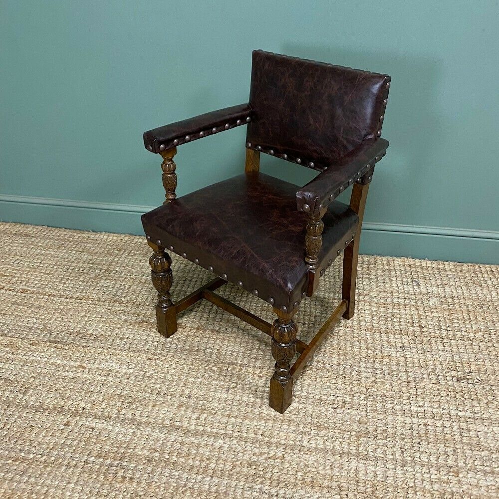 Quality Antique Oak & Leather Desk Chair / Arm Chair photo for sale