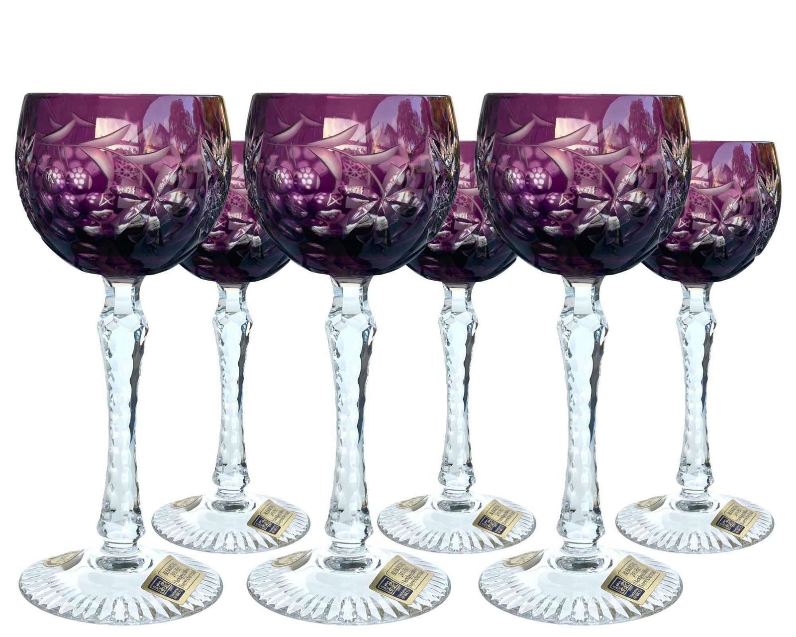 6x Paarse Wijnglazen | Amethyst Wijnglazen | Motief Druiven | Cut To Clear Kristal