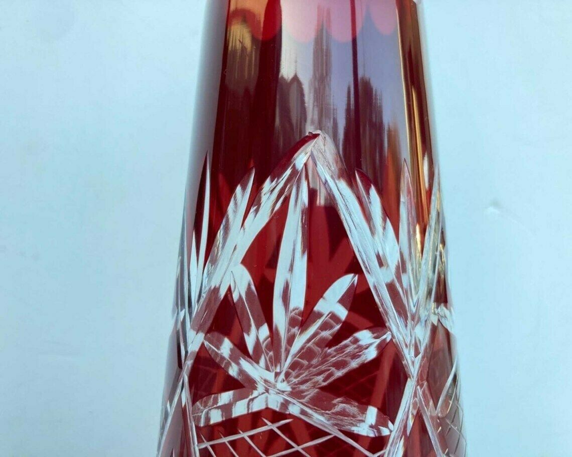 Crystal Cylinder Decanter  Cut To Clear Carafe  Color Overlay In Ruby Red  Circa 1940s photo 199.0