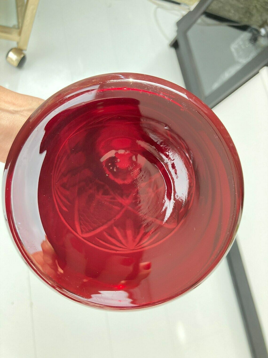 Crystal Cylinder Decanter  Cut To Clear Carafe  Color Overlay In Ruby Red  Circa 1940s photo vintage