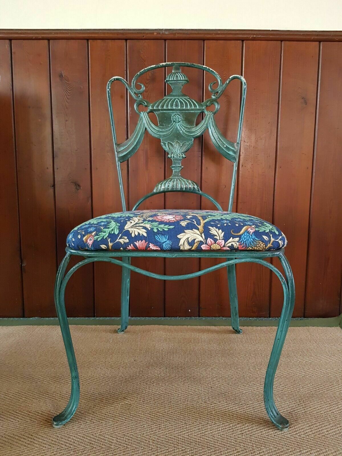Superb Set Of Four French Mid Century Green Painted Upholstered Iron Chairs photo furniture