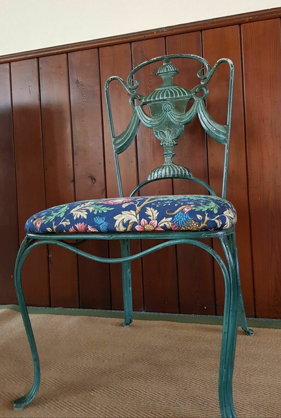 Superb Set Of Four French Mid Century Green Painted Upholstered Iron Chairs photo for sale