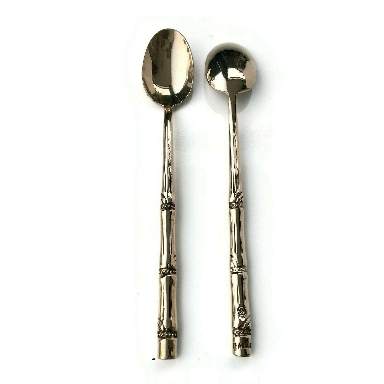 Brass Sorbet Spoons | 6pcs   7" | Cocktail Stirrers | Bamboo Pattern | Vintage As New photo for sale