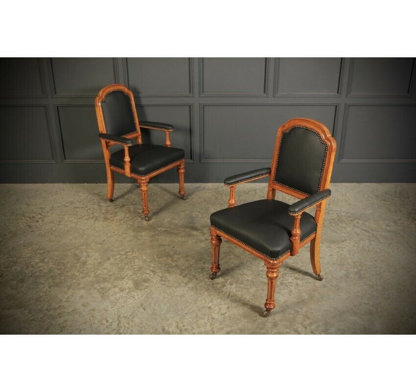 Pair Of Gothic Oak & Leather Chairs By W.Williamson & Sons. photo for sale